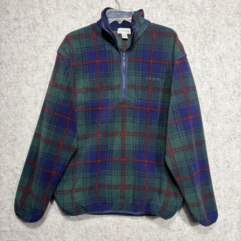 IZOD Fleece Pullover Mens M Plaid Green Blue Red 1/4 Zip Outdoor VTG 90s USA